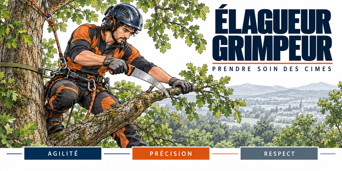 Design du mug Élagueur Grimpeur : titre en capitales bleu marine, l'élagueur encordé, casque et protections auditives, tenue orange et grise, assis sur une branche maîtresse, longe et mousqueton, feuillage et vallée, cartouches Agilité, Précision, Respect
