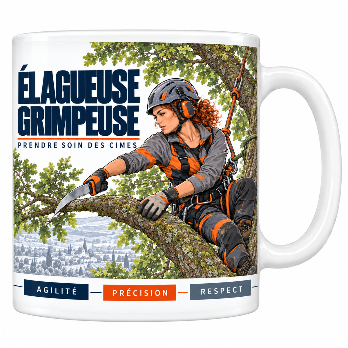 Mug céramique blanc Élagueuse Grimpeuse : l'élagueuse rousse encordée, casque et protections auditives, tenue orange et grise, sur une branche de chêne, scie à main, paysage vallonné, devise Prendre soin des cimes