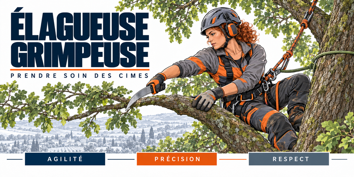 Design du mug Élagueuse Grimpeuse : titre en capitales bleu marine, l'élagueuse rousse encordée, casque et protections auditives, tenue orange et grise, assise sur une branche maîtresse, longe et mousqueton, feuillage et vallée, cartouches Agilité, Précision, Respect