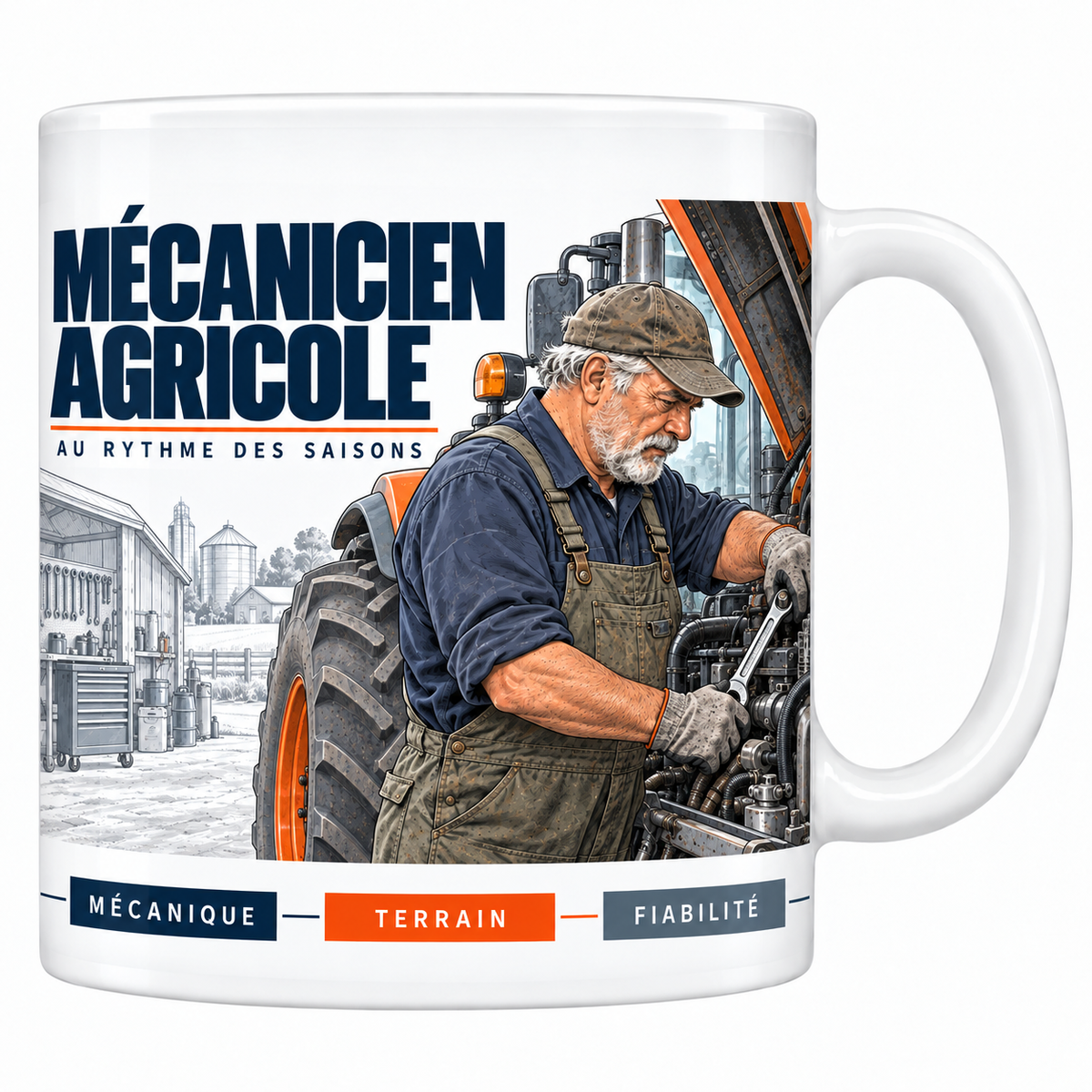 Mug céramique blanc Mécanicien Agricole : le mécanicien à barbe grise, casquette et salopette, clé en main sur le moteur ouvert d'un tracteur orange, hangar et silo, devise Au rythme des saisons