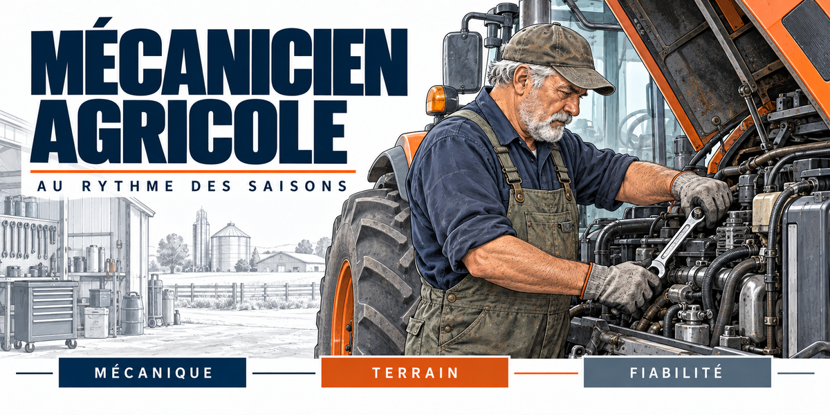 Design du mug Mécanicien Agricole : titre en capitales bleu marine, le mécanicien à barbe grise, casquette et salopette, clé en main sur le moteur ouvert d'un tracteur orange, champs et ferme en arrière-plan, cartouches Mécanique, Terrain, Fiabilité