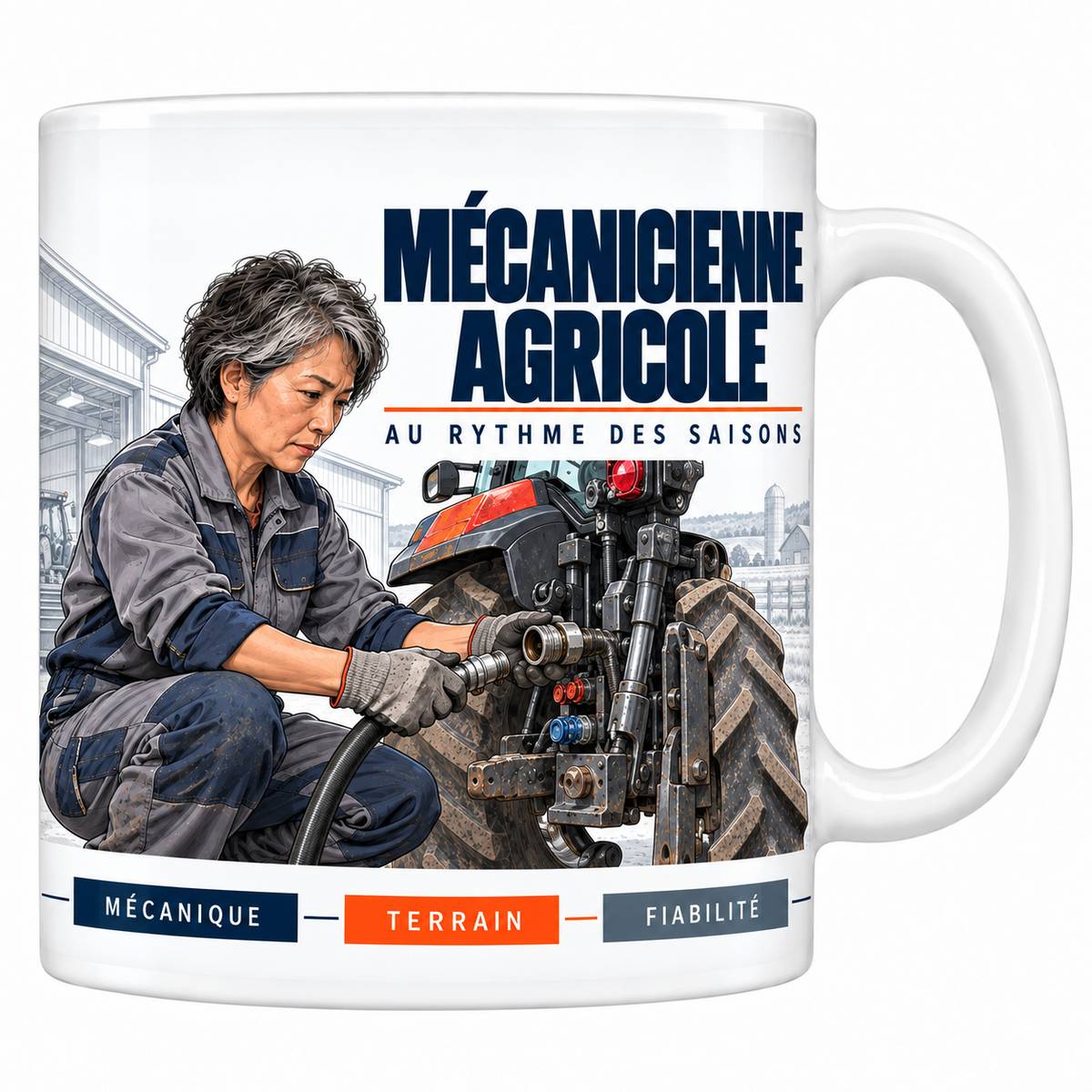 Mug céramique blanc Mécanicienne Agricole : la mécanicienne aux cheveux gris courts, accroupie sur l'attelage arrière d'un tracteur, raccord hydraulique en main, hangar et silo, devise Au rythme des saisons