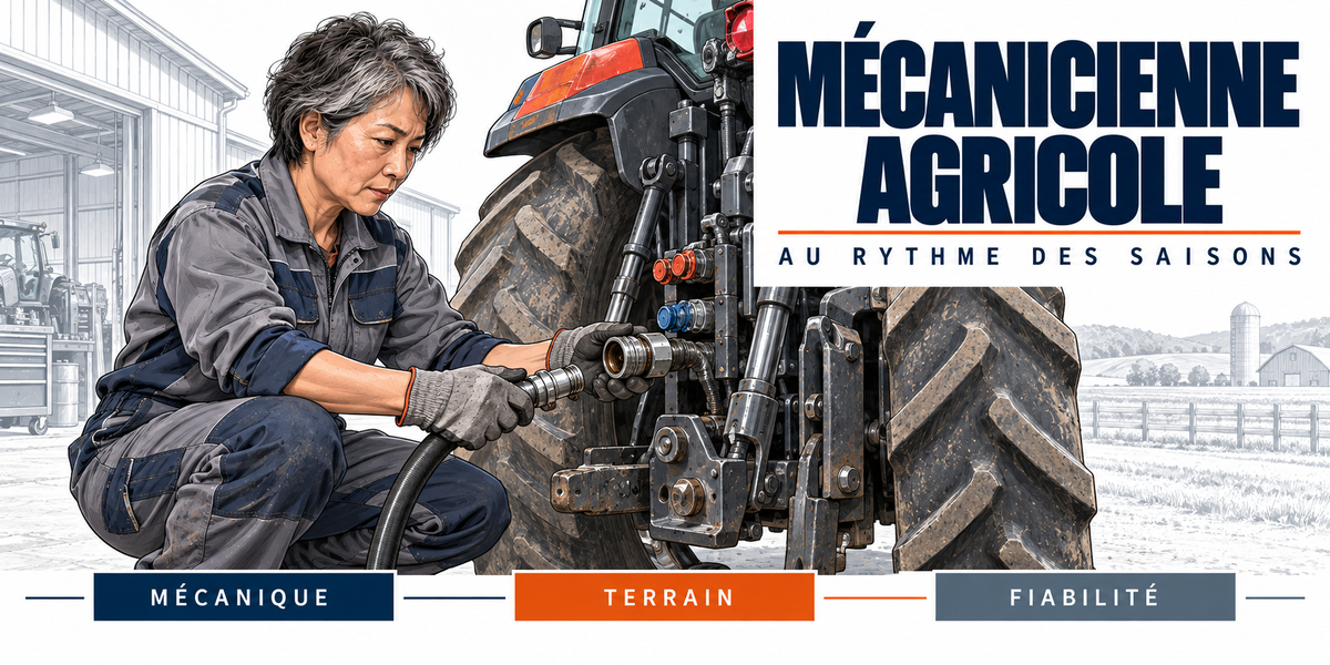 Design du mug Mécanicienne Agricole : titre en capitales bleu marine, la mécanicienne aux cheveux gris courts, accroupie sur l'attelage arrière d'un tracteur, raccord hydraulique en main, champs et ferme en arrière-plan, cartouches Mécanique, Terrain, Fiabilité