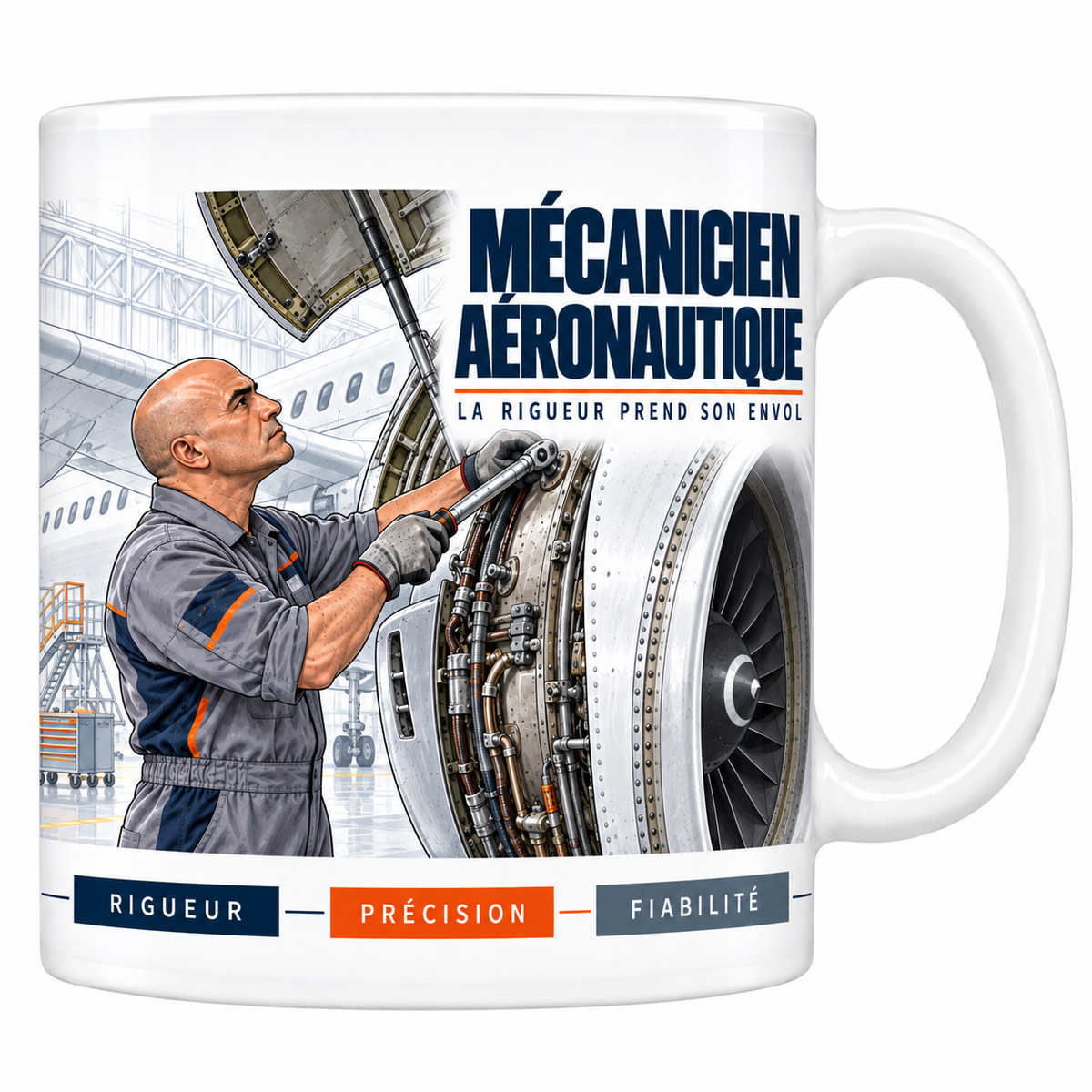 Mug céramique blanc Mécanicien Aéronautique : le mécanicien chauve en combinaison grise, clé dynamométrique sur le réacteur ouvert d'un avion de ligne, hangar de maintenance, devise La rigueur prend son envol
