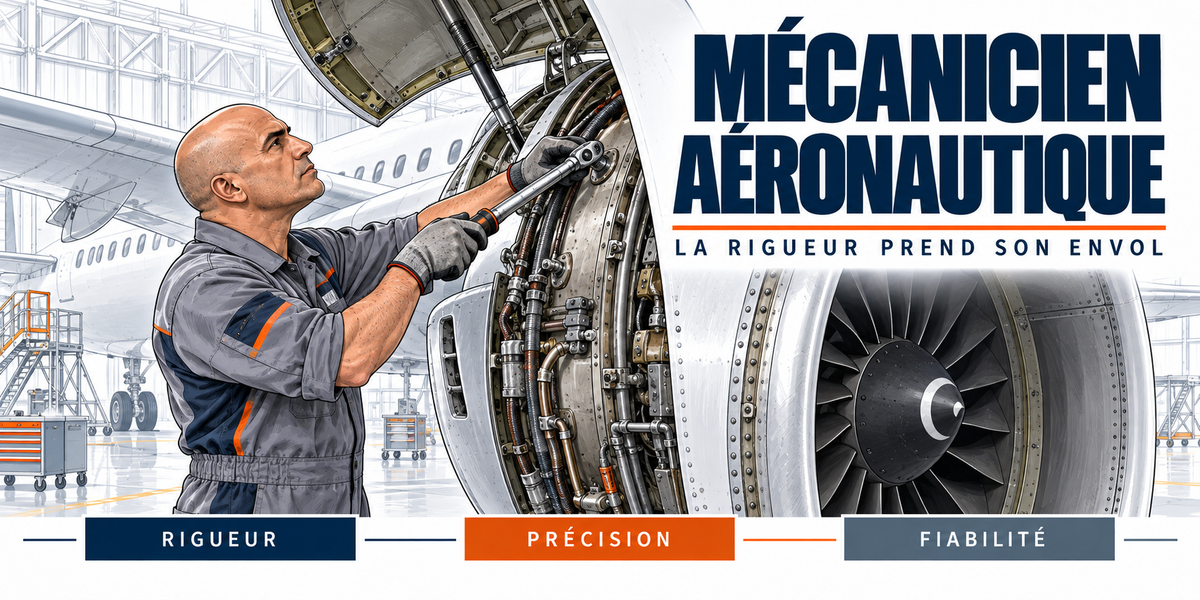 Design du mug Mécanicien Aéronautique : titre en capitales bleu marine, le mécanicien chauve en combinaison grise, clé dynamométrique sur le réacteur ouvert d'un avion de ligne, hangar et train d'atterrissage, cartouches Rigueur, Précision, Fiabilité