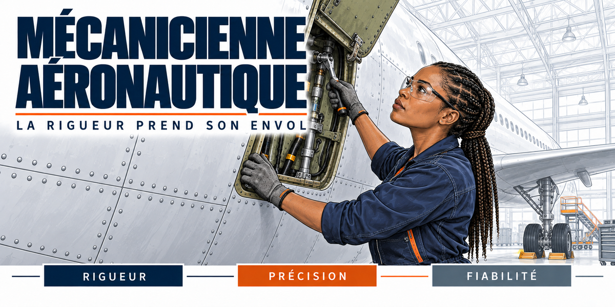 Design du mug Mécanicienne Aéronautique : titre en capitales bleu marine, la mécanicienne aux tresses, lunettes de protection, sur une trappe ouverte du fuselage d'un avion de ligne, hangar et train d'atterrissage, cartouches Rigueur, Précision, Fiabilité