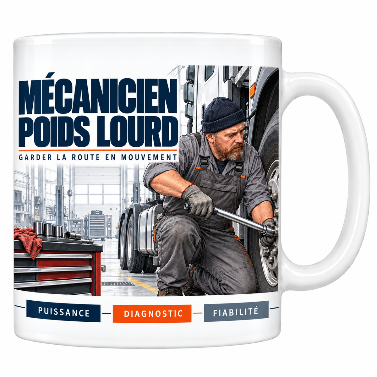 Mug céramique blanc Mécanicien Poids Lourd : le mécanicien à bonnet noir et salopette grise, clé à choc sur le moyeu d'une roue de camion, atelier poids lourd, devise Garder la route en mouvement