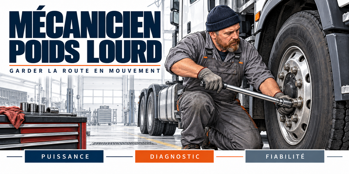 Design du mug Mécanicien Poids Lourd : titre en capitales bleu marine, le mécanicien à bonnet noir et salopette grise, clé à choc sur le moyeu d'une roue de camion, tracteur routier et servante d'outils, cartouches Puissance, Diagnostic, Fiabilité