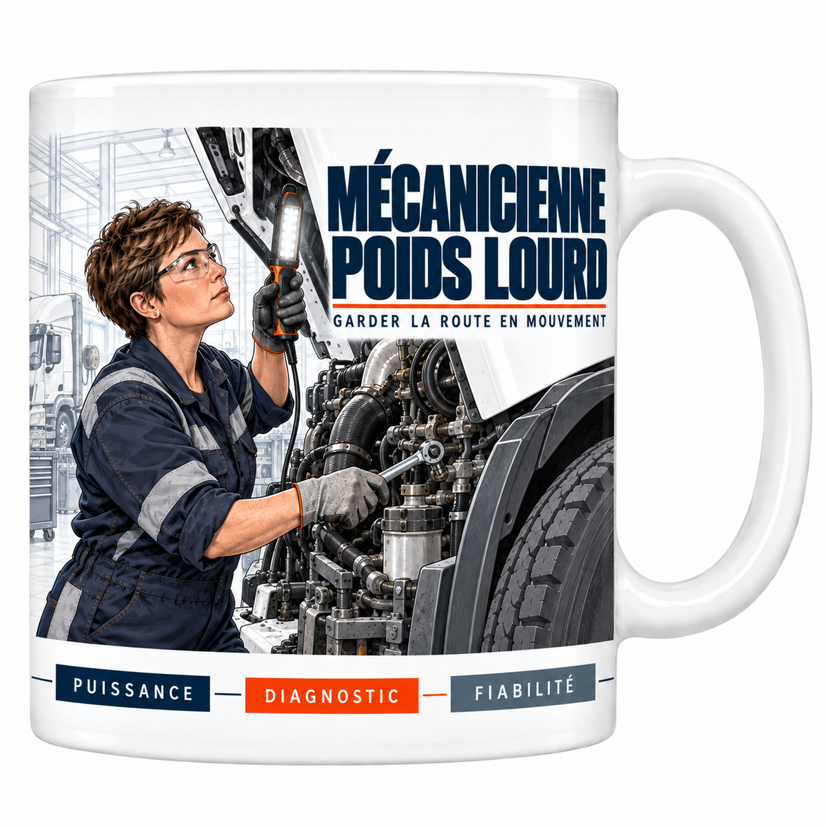 Mug céramique blanc Mécanicienne Poids Lourd : la mécanicienne à lunettes de protection, baladeuse en main, sous la cabine basculée d'un camion, atelier poids lourd, devise Garder la route en mouvement
