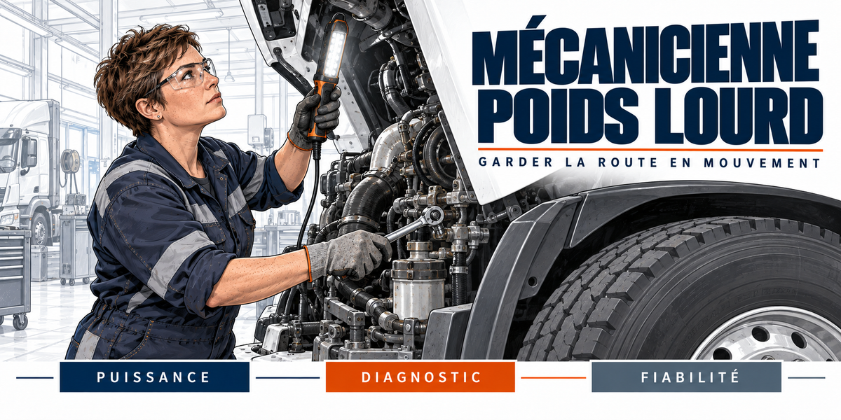 Design du mug Mécanicienne Poids Lourd : titre en capitales bleu marine, la mécanicienne à lunettes de protection, baladeuse en main, sous la cabine basculée d'un camion, tracteur routier et servante d'outils, cartouches Puissance, Diagnostic, Fiabilité