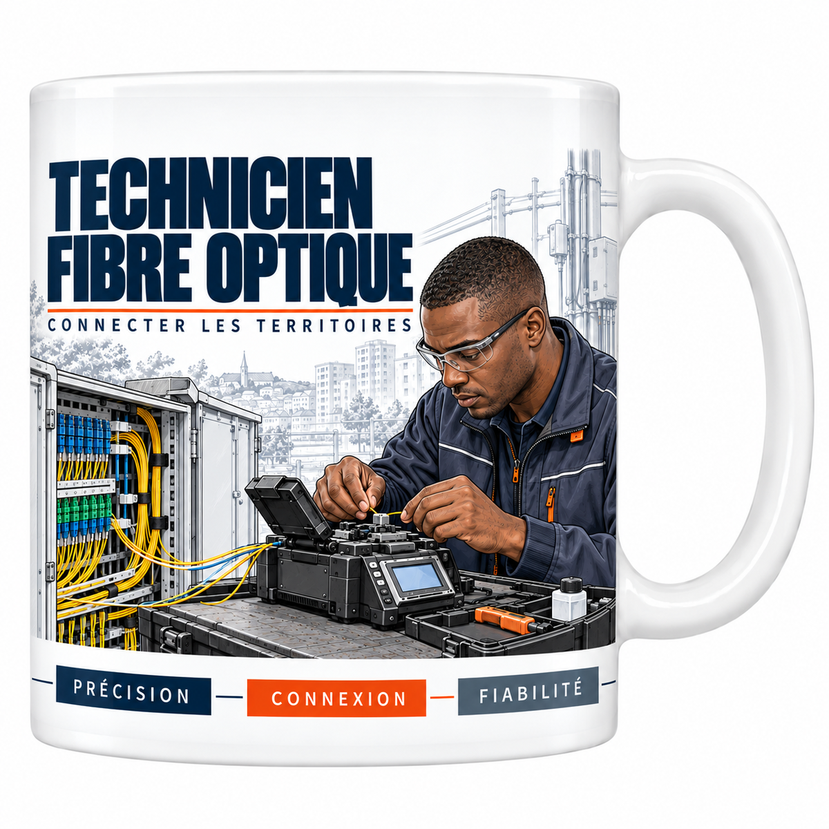 Mug céramique blanc Technicien Fibre Optique : le technicien à lunettes de protection, penché sur sa soudeuse à fibre, l'armoire de rue ouverte sur ses jarretières jaunes et bleues, devise Connecter les territoires