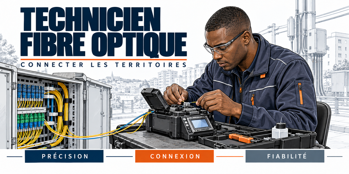 Design du mug Technicien Fibre Optique : titre en capitales bleu marine, le technicien à lunettes de protection, penché sur sa soudeuse à fibre, l'armoire de rue ouverte sur ses jarretières jaunes et bleues, immeubles et pylônes, cartouches Précision, Connexion, Fiabilité
