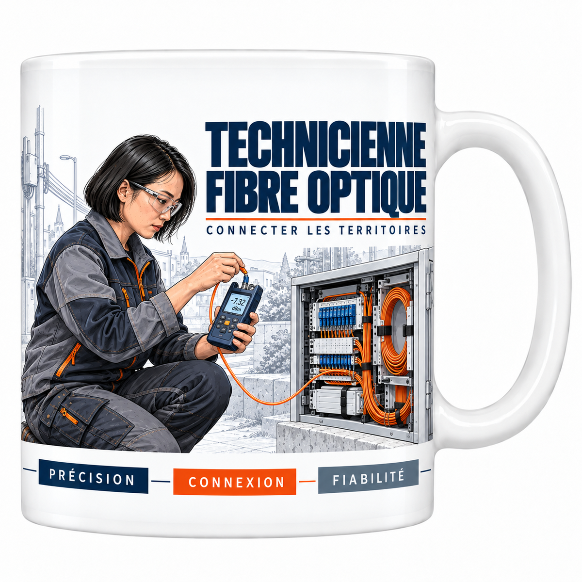 Mug céramique blanc Technicienne Fibre Optique : la technicienne à lunettes de protection, accroupie devant l'armoire de rue ouverte, photomètre en main, devise Connecter les territoires