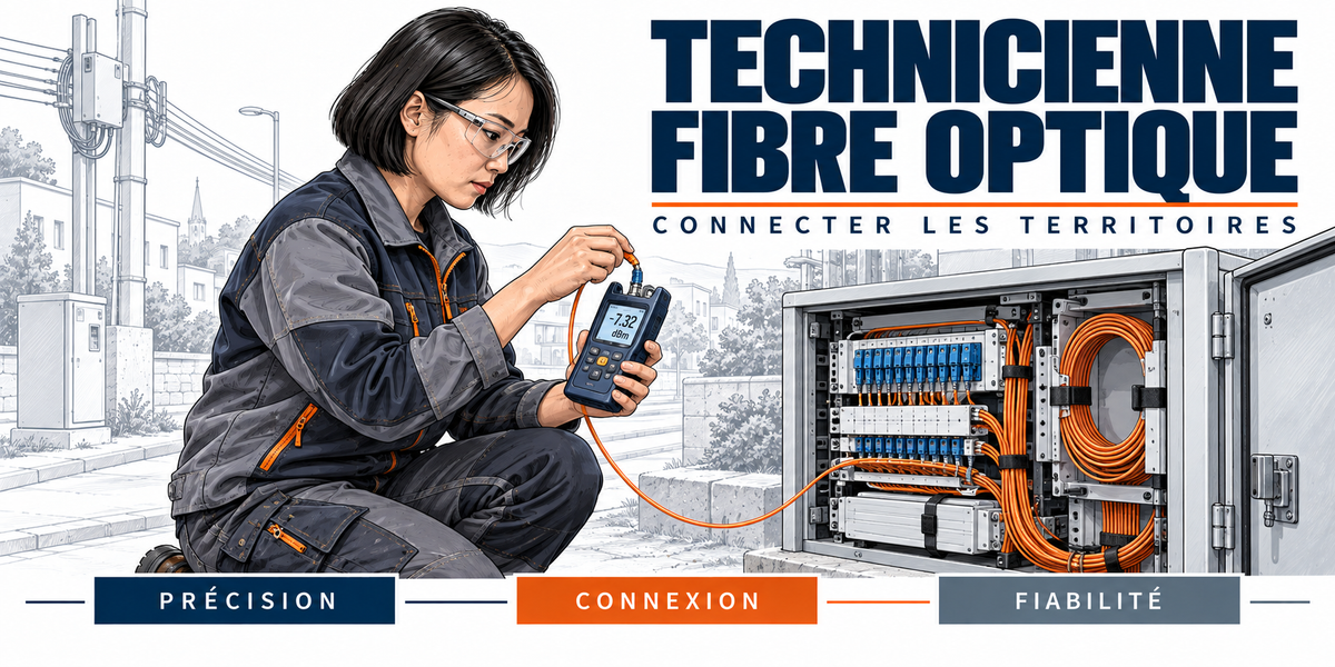 Design du mug Technicienne Fibre Optique : titre en capitales bleu marine, la technicienne à lunettes de protection, accroupie devant l'armoire de rue ouverte, photomètre en main, immeubles et pylônes, cartouches Précision, Connexion, Fiabilité