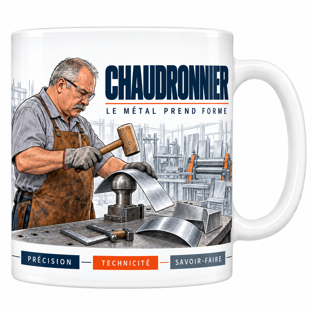 Mug céramique blanc Chaudronnier : le chaudronnier à moustache grise, lunettes et tablier de cuir, maillet en main sur une tôle d'acier posée sur le tas, atelier de chaudronnerie, devise Le métal prend forme
