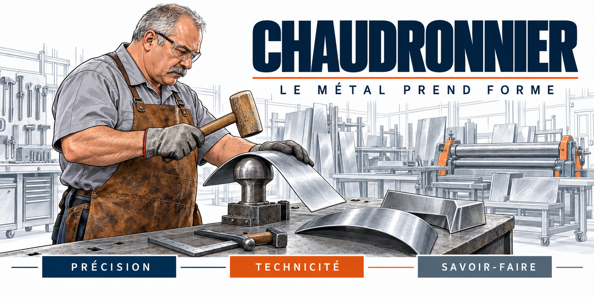 Design du mug Chaudronnier : titre en capitales bleu marine, le chaudronnier à moustache grise, lunettes et tablier de cuir, maillet en main sur une tôle d'acier posée sur le tas, rouleuse et atelier, cartouches Précision, Technicité, Savoir-faire