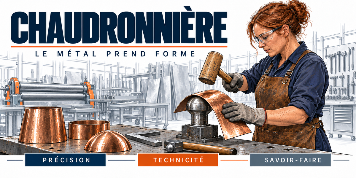 Design du mug Chaudronnière : titre en capitales bleu marine, la chaudronnière rousse à chignon, lunettes et tablier de cuir, maillet en main sur une tôle de cuivre, cônes et dômes de cuivre formés devant elle, rouleuse et atelier, cartouches Précision, Technicité, Savoir-faire
