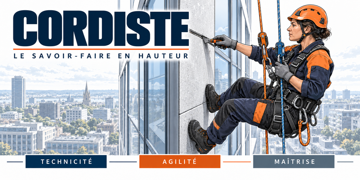 Design du mug Cordiste : titre en capitales bleu marine, cordiste suspendue à deux cordes sur une façade de verre, harnais et descendeur, ville en arrière-plan, cartouches Technicité, Agilité, Maîtrise