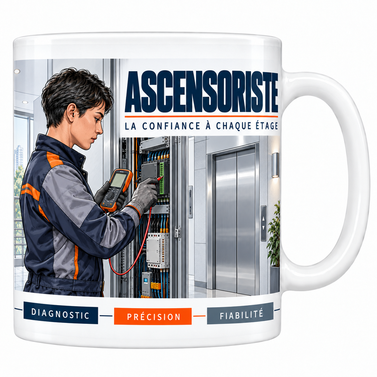 Mug céramique blanc Ascensoriste : technicien en combinaison grise et orange, multimètre en main devant l'armoire de commande, portes d'ascenseur inox, devise La confiance à chaque étage