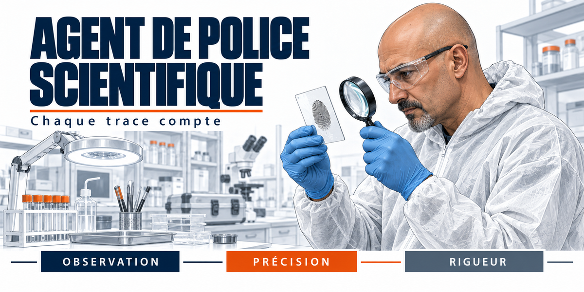 Design du mug Agent de Police Scientifique : titre en capitales bleu marine, l'agent en combinaison blanche, lunettes de protection et gants bleus, qui examine une empreinte digitale à la loupe, la paillasse, les tubes à essai, la lampe et le microscope du laboratoire, cartouches Observation, Précision, Rigueur