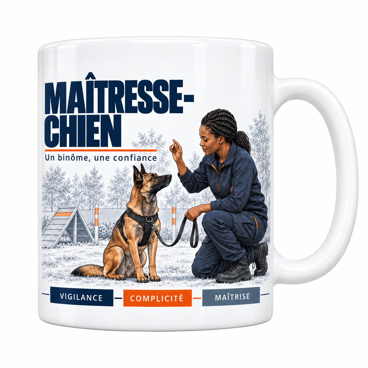 Mug céramique blanc Maîtresse-Chien : la maîtresse-chien aux tresses, accroupie en tenue bleu marine, doigt levé face à son berger belge malinois assis en harnais, devise Un binôme, une confiance