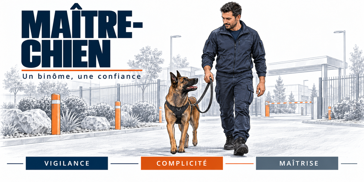 Design du mug Maître-Chien : titre en capitales bleu marine, le maître-chien en tenue bleu marine qui patrouille avec son berger belge malinois en laisse le long d'une clôture et d'une barrière, l'entrepôt en arrière-plan, cartouches Vigilance, Complicité, Maîtrise