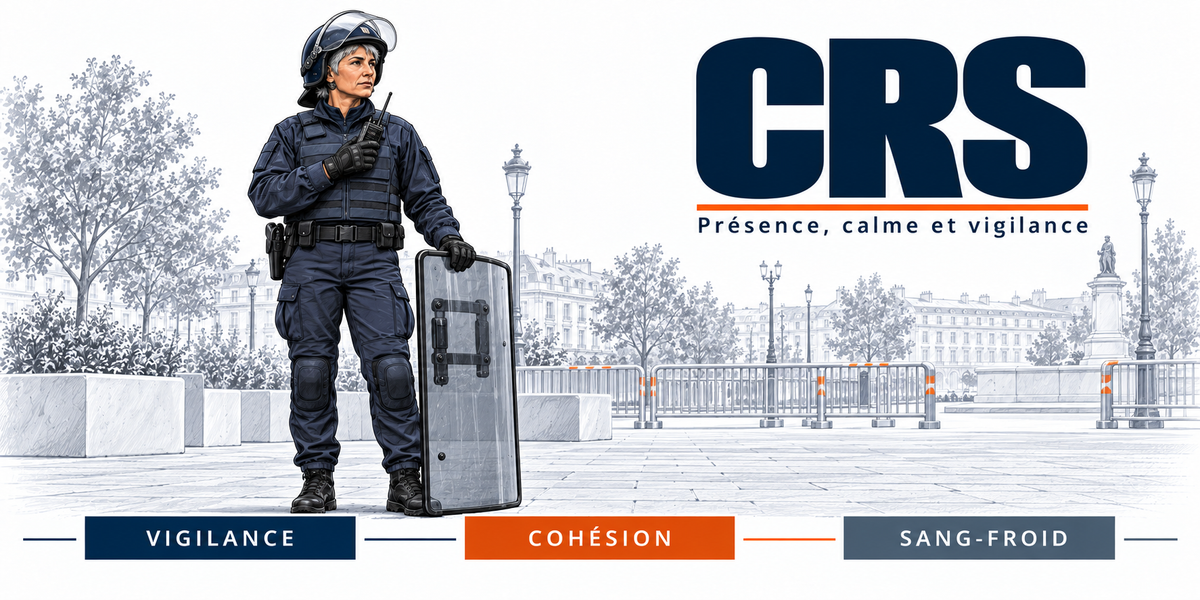 Design du mug CRS : sigle en capitales bleu marine, CRS casquée avec bouclier et radio sur une place, lampadaires et monument, cartouches Vigilance, Cohésion, Sang-froid