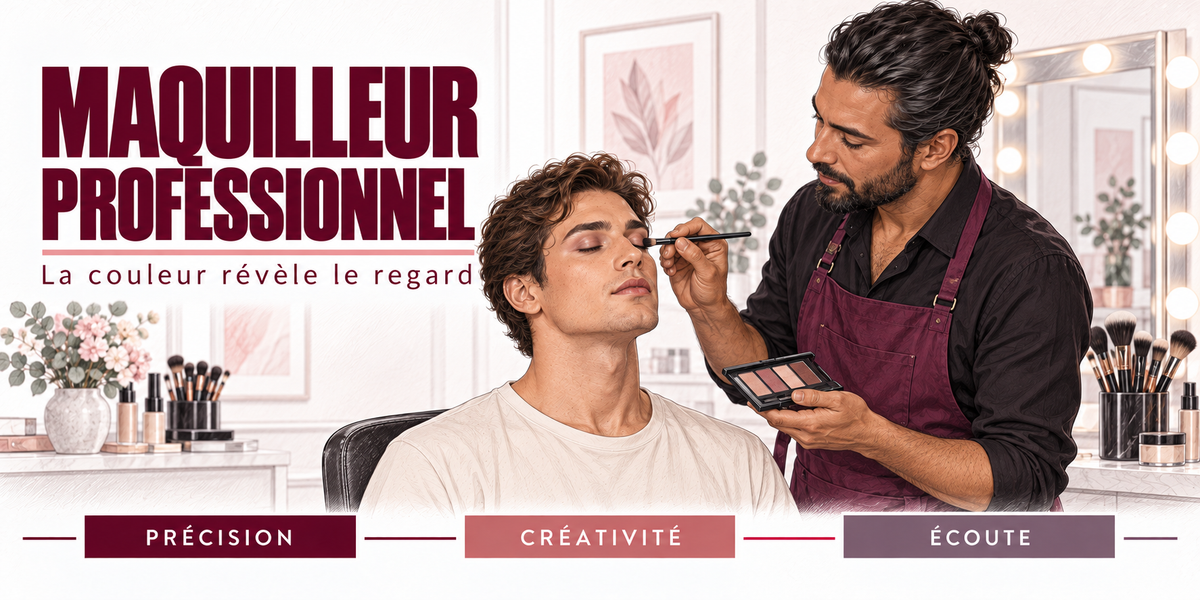 Design du mug Maquilleur Professionnel : titre en capitales bordeaux, le maquilleur barbu en tablier bordeaux, pinceau en main et palette de fards, qui maquille les paupières d'un client aux yeux clos, le miroir à ampoules et les pots de pinceaux, cartouches Précision, Créativité, Écoute