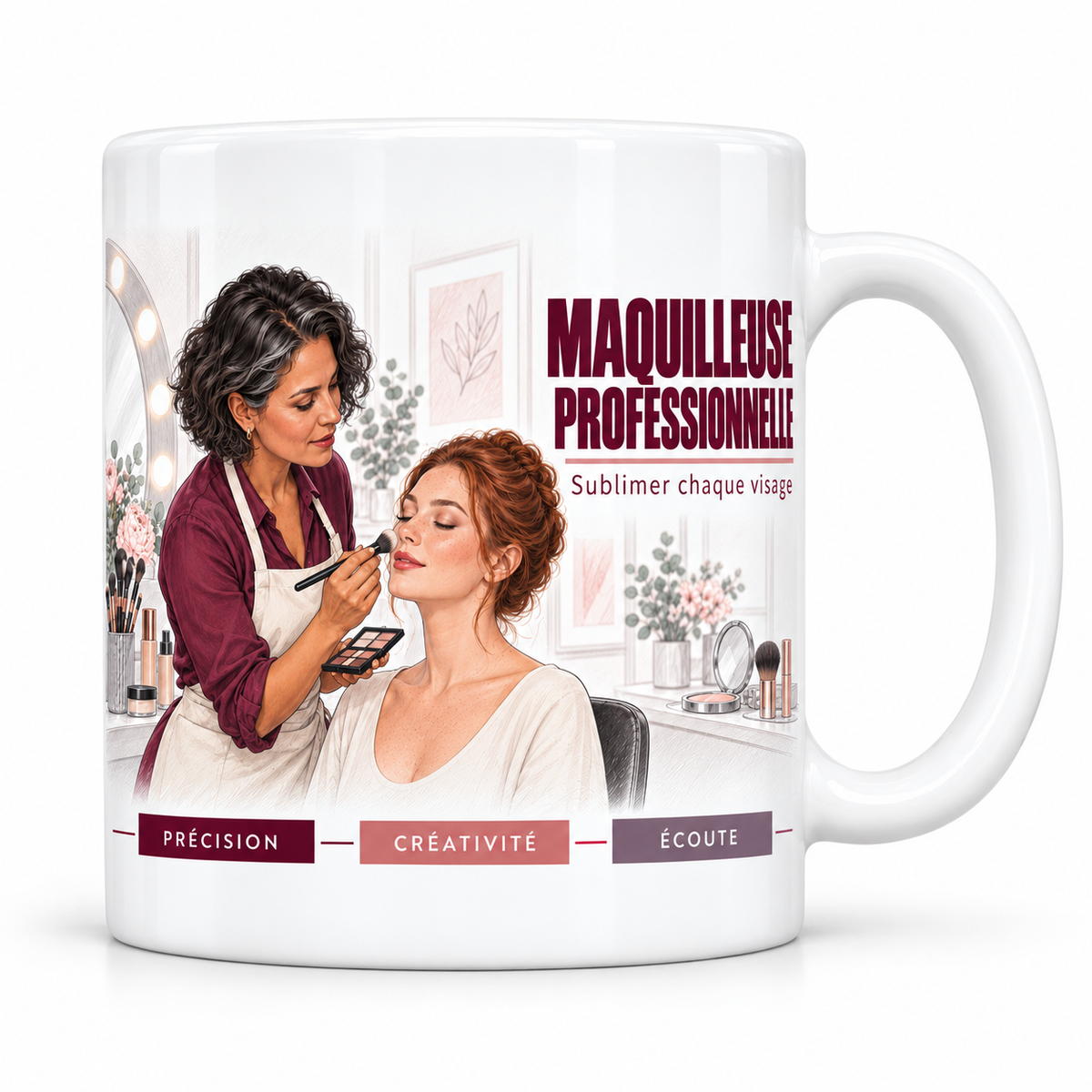 Mug céramique blanc Maquilleuse Professionnelle : la maquilleuse aux cheveux poivre et sel, tablier clair sur chemise bordeaux, pinceau en main, qui poudre les pommettes d'une cliente rousse aux yeux clos, devise Sublimer chaque visage