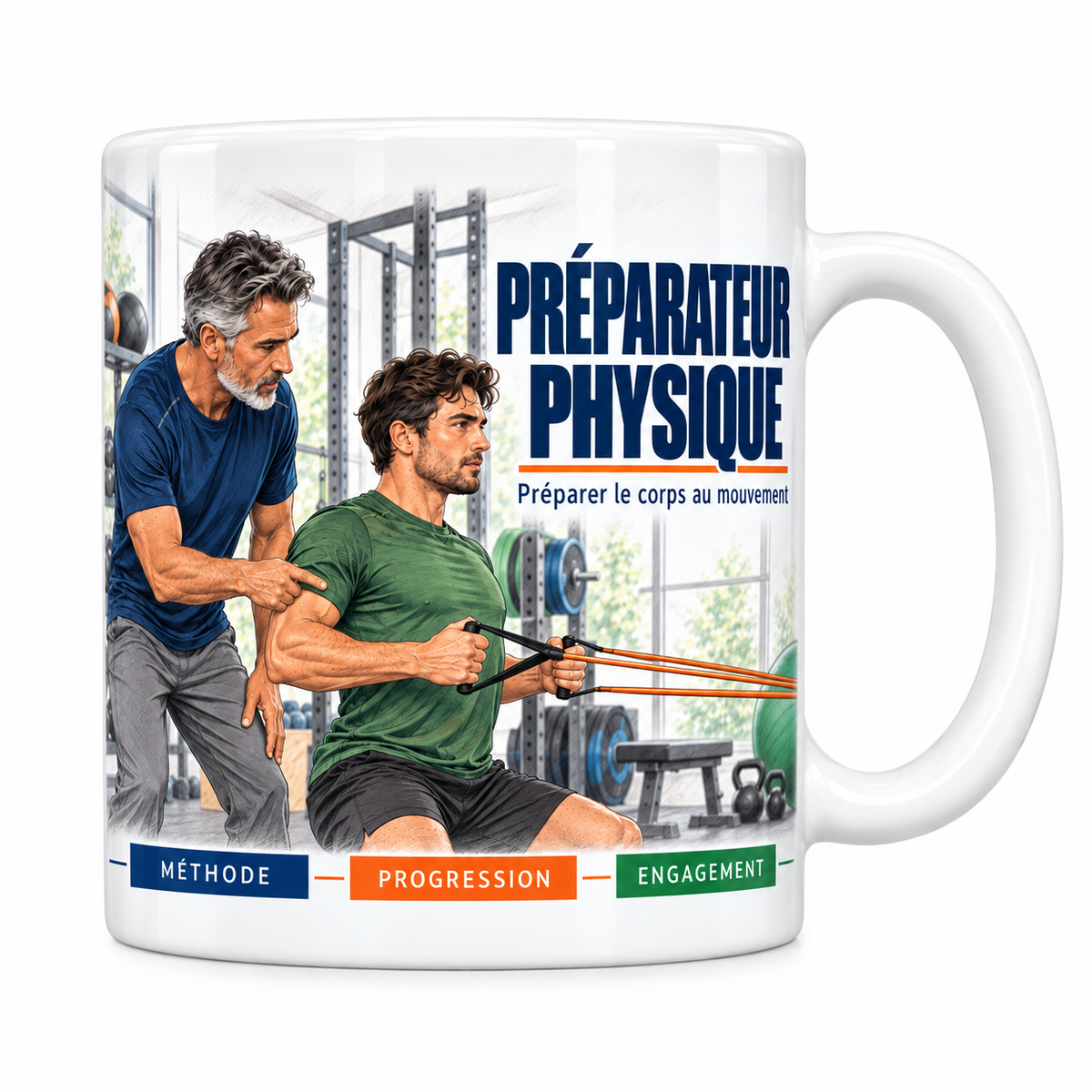 Mug céramique blanc Préparateur Physique : le préparateur aux tempes grises en t-shirt bleu, qui corrige la posture d'un athlète tirant un élastique de résistance orange, devise Préparer le corps au mouvement