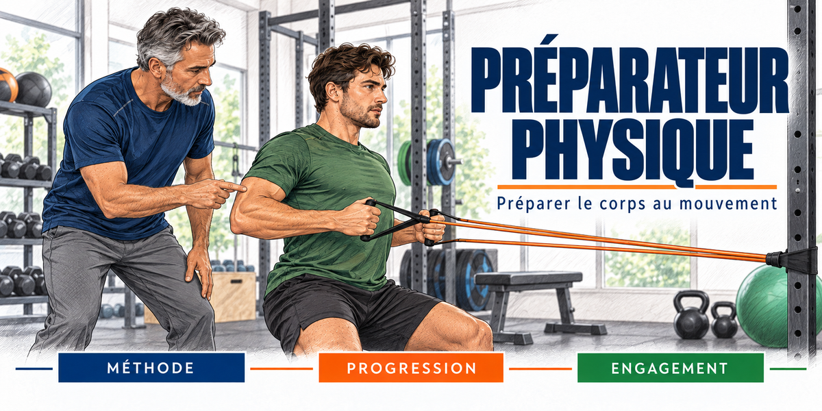 Design du mug Préparateur Physique : titre en capitales bleu marine, le préparateur aux tempes grises en t-shirt bleu, qui corrige la posture d'un athlète tirant un élastique de résistance orange, les kettlebells, le rack et le ballon de gym de la salle, cartouches Méthode, Progression, Engagement