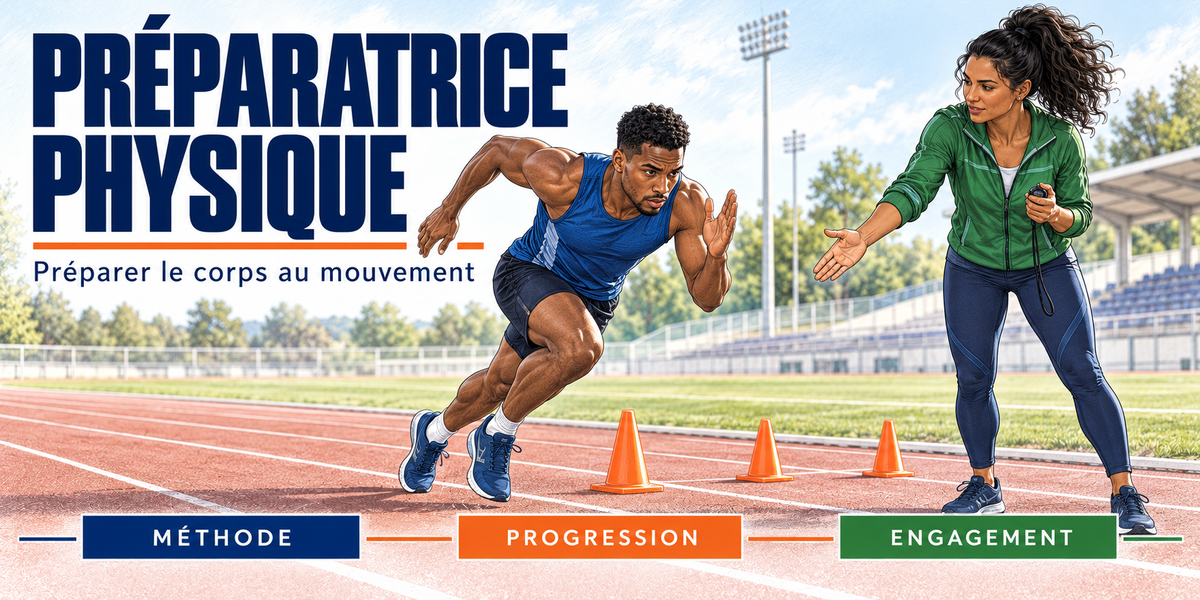 Design du mug Préparatrice Physique : titre en capitales bleu marine, la préparatrice en veste verte, chronomètre en main, qui lance un sprinteur en maillot bleu entre des cônes orange sur une piste d'athlétisme, la tribune en arrière-plan, cartouches Méthode, Progression, Engagement