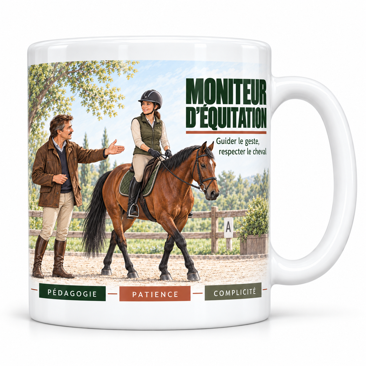 Mug céramique blanc Moniteur d'Équitation : le moniteur en veste marron et bottes, bras tendu, qui guide une cavalière au casque noir sur un cheval bai dans la carrière, devise Guider le geste, respecter le cheval