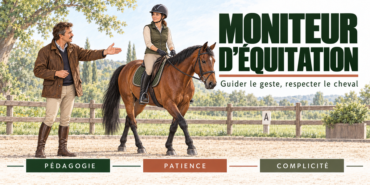 Design du mug Moniteur d'Équitation : titre en capitales vert foncé, le moniteur en veste marron et bottes, bras tendu, qui guide une cavalière au casque noir sur un cheval bai dans la carrière, la lice, la lettre A et les arbres en arrière-plan, cartouches Pédagogie, Patience, Complicité