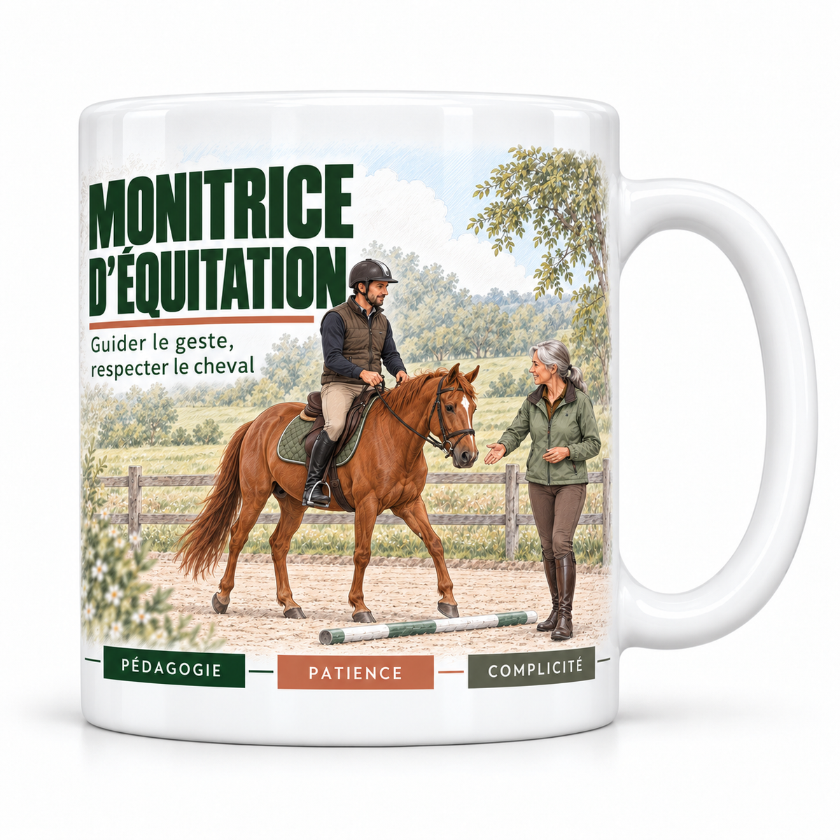 Mug céramique blanc Monitrice d'Équitation : la monitrice aux cheveux gris en veste verte, bras tendu, qui guide un cavalier sur un cheval alezan franchissant une barre au sol dans la carrière, devise Guider le geste, respecter le cheval