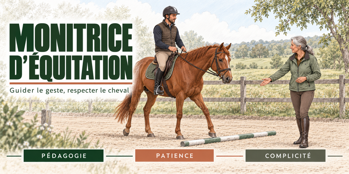 Design du mug Monitrice d'Équitation : titre en capitales vert foncé, la monitrice aux cheveux gris en veste verte, bras tendu, qui guide un cavalier sur un cheval alezan franchissant une barre au sol dans la carrière, la lice en bois et la campagne en arrière-plan, cartouches Pédagogie, Patience, Complicité