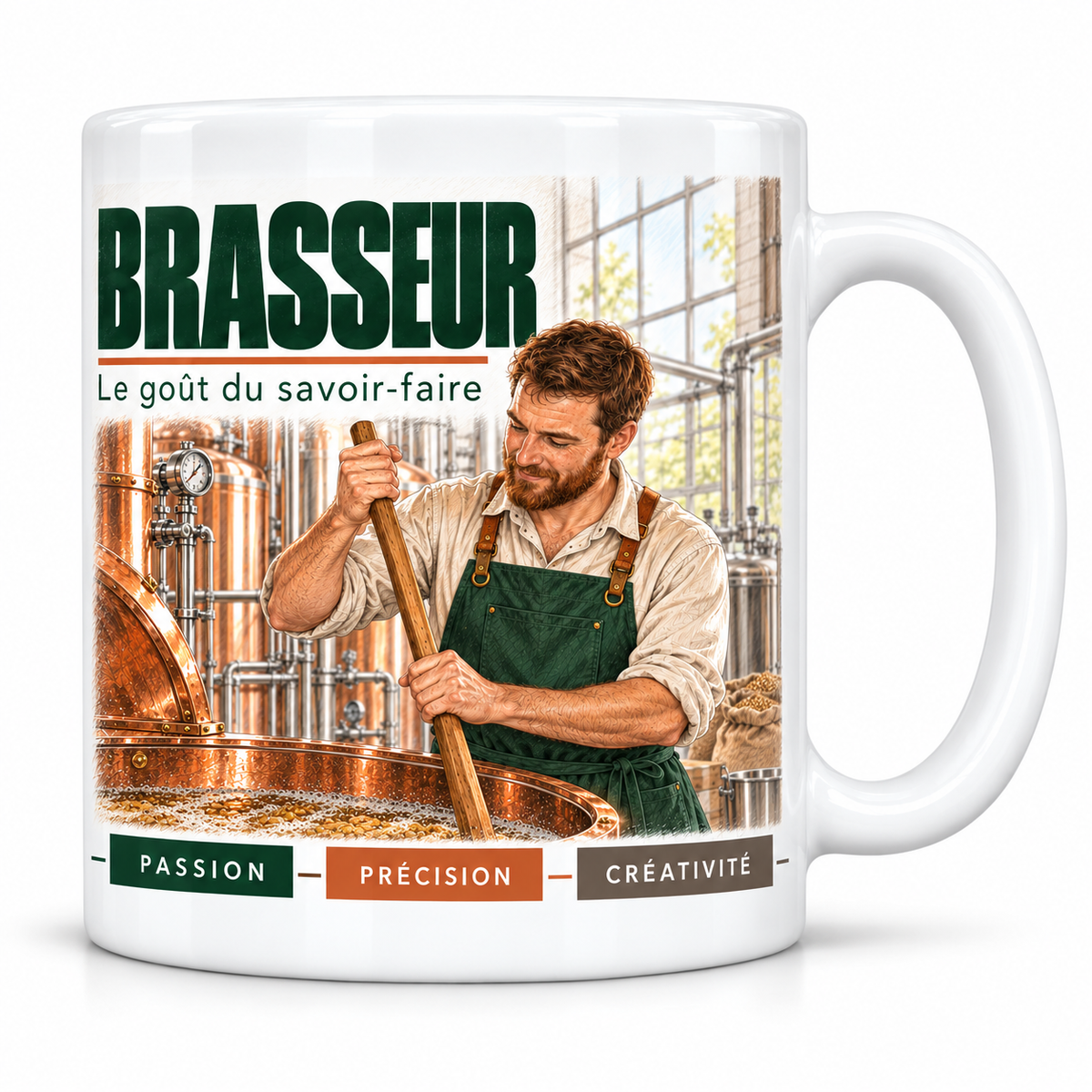 Mug céramique blanc Brasseur : le brasseur barbu en chemise claire et tablier vert, devise Le goût du savoir-faire, cartouches Passion, Précision, Créativité