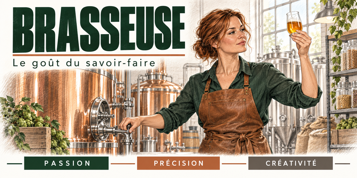 Design du mug Brasseuse : titre en capitales vert bouteille, la brasseuse rousse en chemise verte et tablier de cuir brun, qui lève un verre de dégustation ambré vers la lumière, l'autre main sur la vanne d'une cuve inox, les cuves de cuivre, les bocaux de houblon et le lierre de la brasserie, cartouches Passion, Précision, Créativité