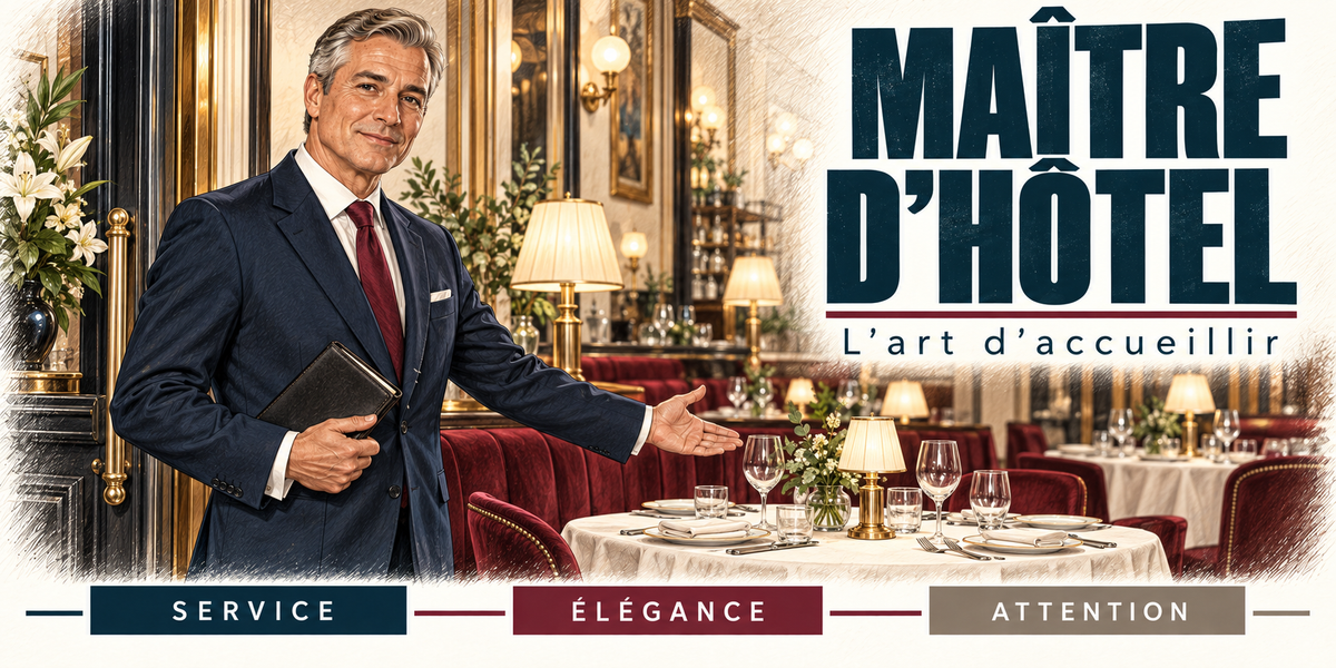Design du mug Maître d'Hôtel : titre en capitales bleu marine, le maître d'hôtel aux tempes grises en costume bleu marine et cravate bordeaux, carnet de réservations à la main, qui désigne la table d'un geste ouvert, les banquettes de velours rouge, les nappes blanches, les verres à pied et les lampes de la salle, cartouches Service, Élégance, Attention