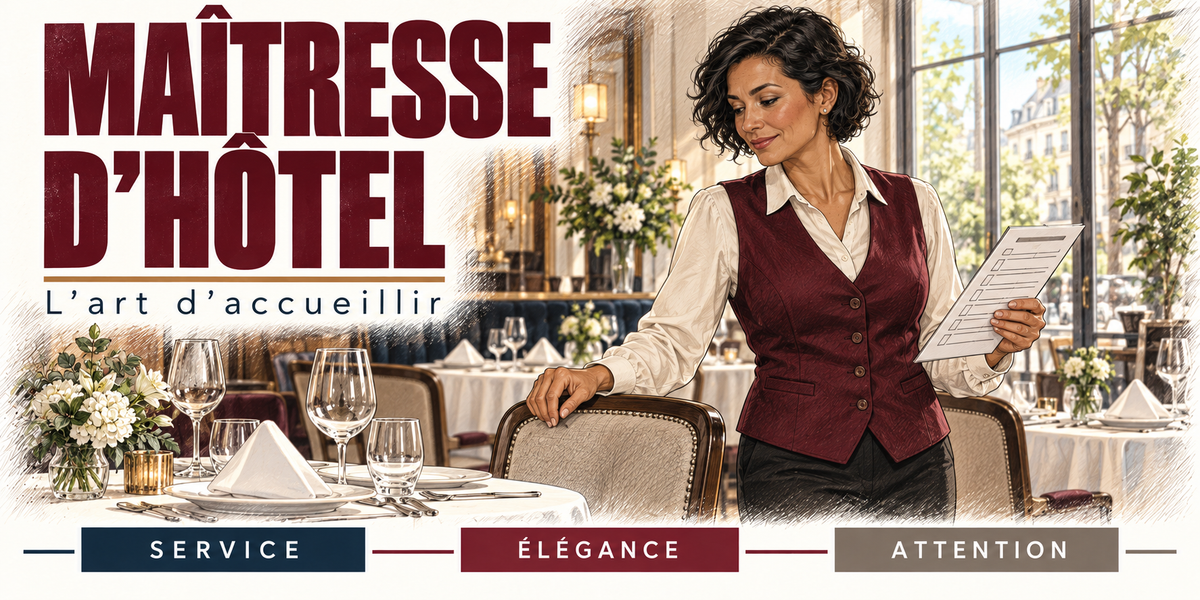 Design du mug Maîtresse d'Hôtel : titre en capitales bordeaux, la maîtresse d'hôtel brune en chemise blanche et gilet bordeaux, la liste des réservations à la main, qui ajuste une chaise devant une table dressée, nappes blanches, verres à pied, serviettes pliées, bouquets blancs et grandes fenêtres de la salle, cartouches Service, Élégance, Attention
