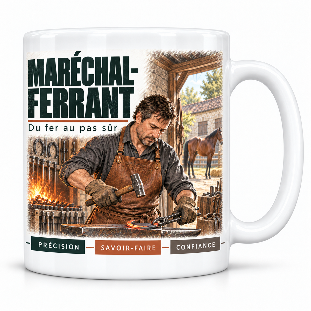Mug céramique blanc Maréchal-Ferrant : le maréchal-ferrant en chemise grise et tablier de cuir, devise Du fer au pas sûr, cartouches Précision, Savoir-faire, Confiance