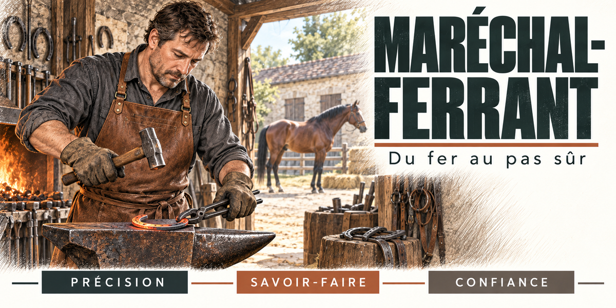 Design du mug Maréchal-Ferrant : titre en capitales vert sapin, le maréchal-ferrant en chemise grise et tablier de cuir, marteau et pince en main, qui façonne un fer rougi sur l'enclume, la forge et les tenailles accrochées au mur, un cheval bai à l'attache dans la cour ensoleillée derrière lui, cartouches Précision, Savoir-faire, Confiance