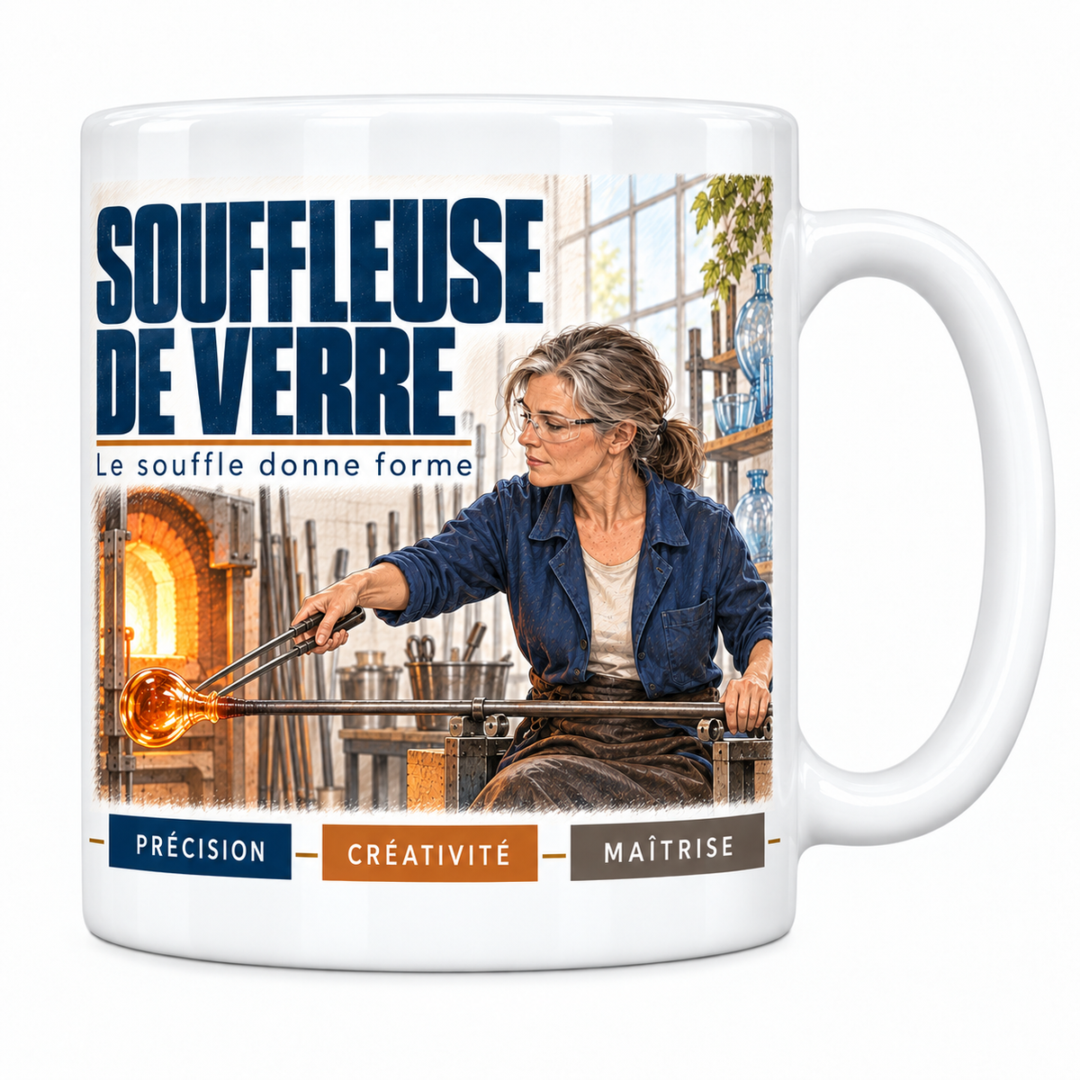 Mug céramique blanc Souffleuse de Verre : la souffleuse aux cheveux gris en lunettes de protection et chemise bleue, devise Le souffle donne forme, cartouches Précision, Créativité, Maîtrise