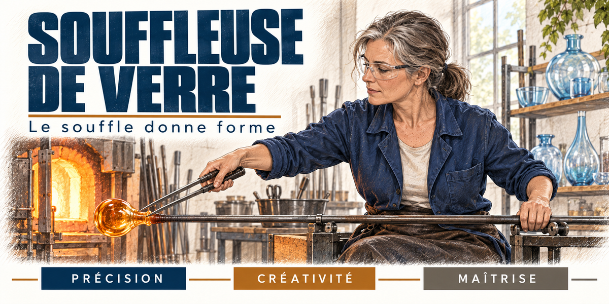 Design du mug Souffleuse de Verre : titre en capitales bleu marine, la souffleuse aux cheveux gris en lunettes de protection et chemise bleue, assise au banc, qui tourne la canne d'une main et façonne la paraison incandescente à la pince de l'autre, le four, les étagères de verreries bleues et le lierre de l'atelier, cartouches Précision, Créativité, Maîtrise