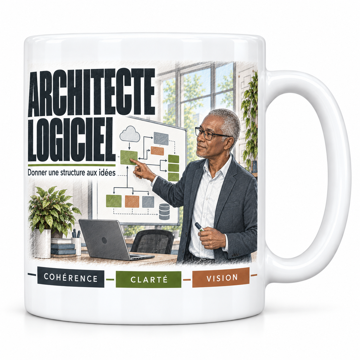 Mug céramique blanc Architecte Logiciel : l'architecte logiciel aux cheveux gris et lunettes, devise Donner une structure aux idées, cartouches Cohérence, Clarté, Vision