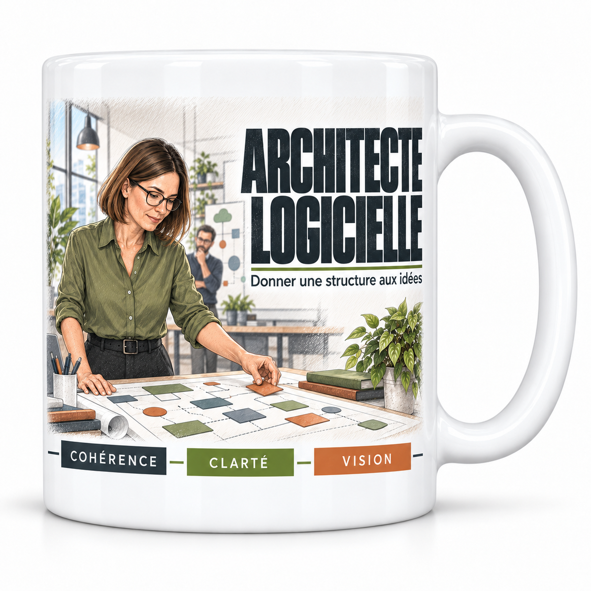 Mug céramique blanc Architecte Logicielle : l'architecte logicielle brune à lunettes en chemise vert olive, devise Donner une structure aux idées, cartouches Cohérence, Clarté, Vision