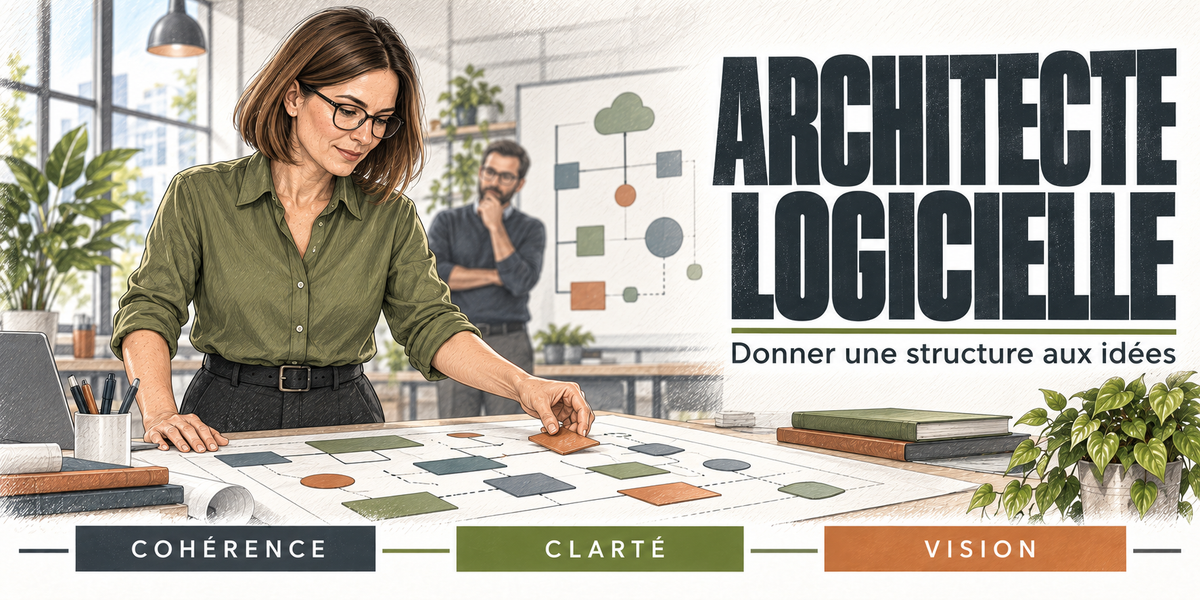Design du mug Architecte Logicielle : titre en capitales noires, l'architecte logicielle brune à lunettes en chemise vert olive, penchée sur la grande table où s'étalent les schémas de composants et les feuilles de conception, un collègue au second plan devant le tableau, les plantes et les baies vitrées de l'open space, cartouches Cohérence, Clarté, Vision