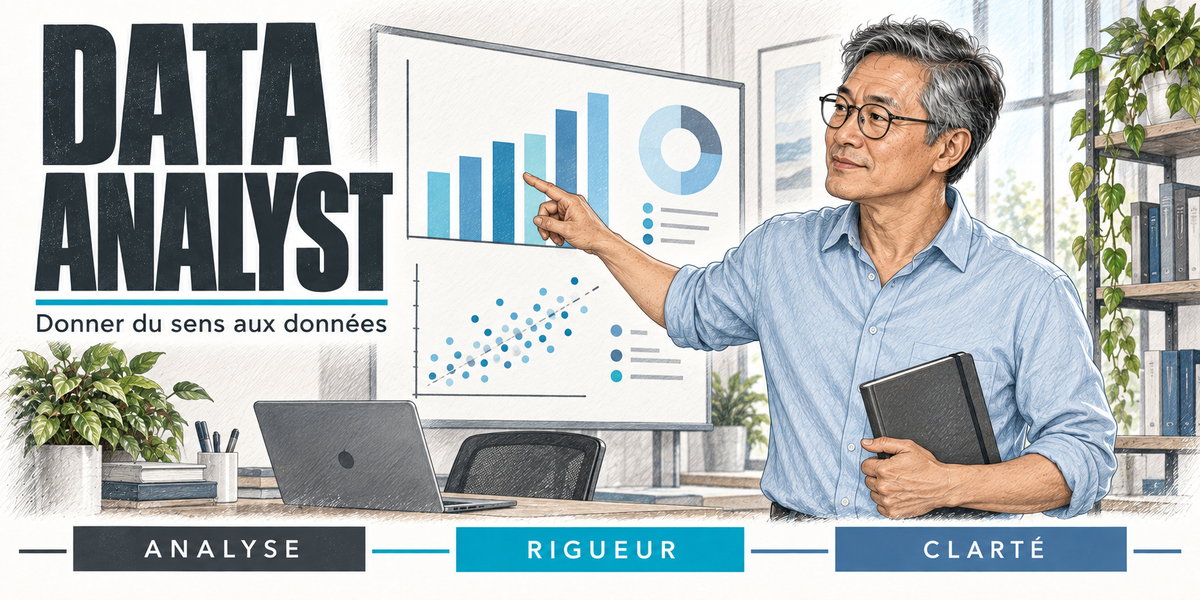 Design du mug Data Analyst : titre en capitales noires, le data analyst aux cheveux gris et lunettes, en chemise bleu clair, qui pointe un histogramme bleu sur l'écran mural, un carnet sous le bras, le nuage de points et le graphique en anneau, l'ordinateur portable et les plantes du bureau lumineux, cartouches Analyse, Rigueur, Clarté