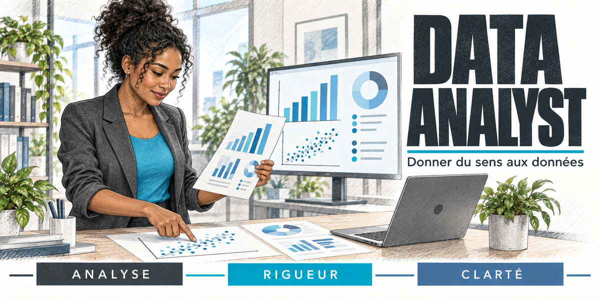 Design du mug Data Analyst Femme : titre en capitales noires, la data analyst aux boucles brunes, en blazer gris sur un haut turquoise, qui tient des feuilles de graphiques imprimées et pointe un nuage de points sur la table, l'écran d'histogrammes et l'ordinateur portable devant la bibliothèque et les plantes, cartouches Analyse, Rigueur, Clarté
