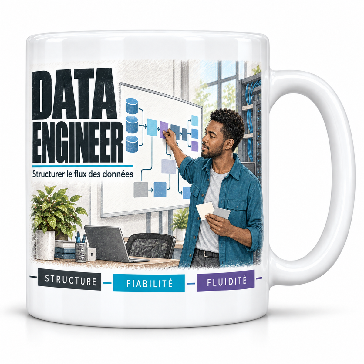 Mug céramique blanc Data Engineer : le data engineer en chemise bleu canard sur un tee-shirt blanc, devise Structurer le flux des données, cartouches Structure, Fiabilité, Fluidité
